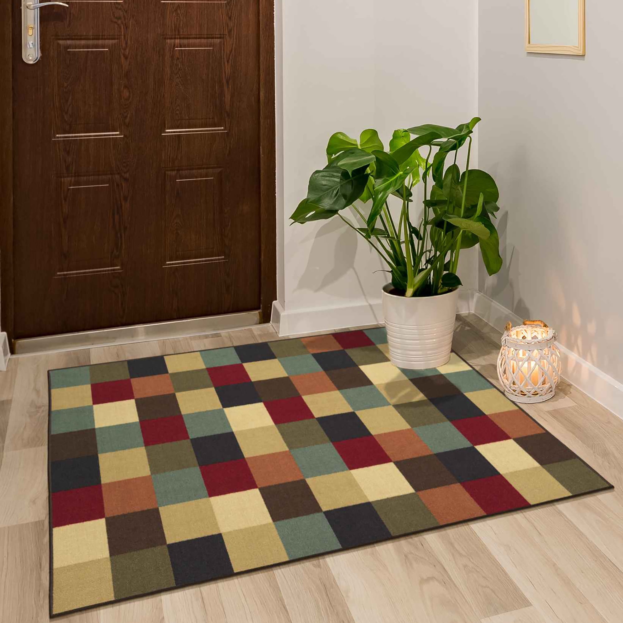 Ottomanson 2'7" x 5' Area Rug – Non-Slip Low Pile Stain Resistant Rug for Bedroom & Entryway, Checkered Multicolor