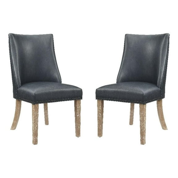Linon Hale Set of 2 Navy Blue Faux Leather Dining Chairs with Natural Wood Legs