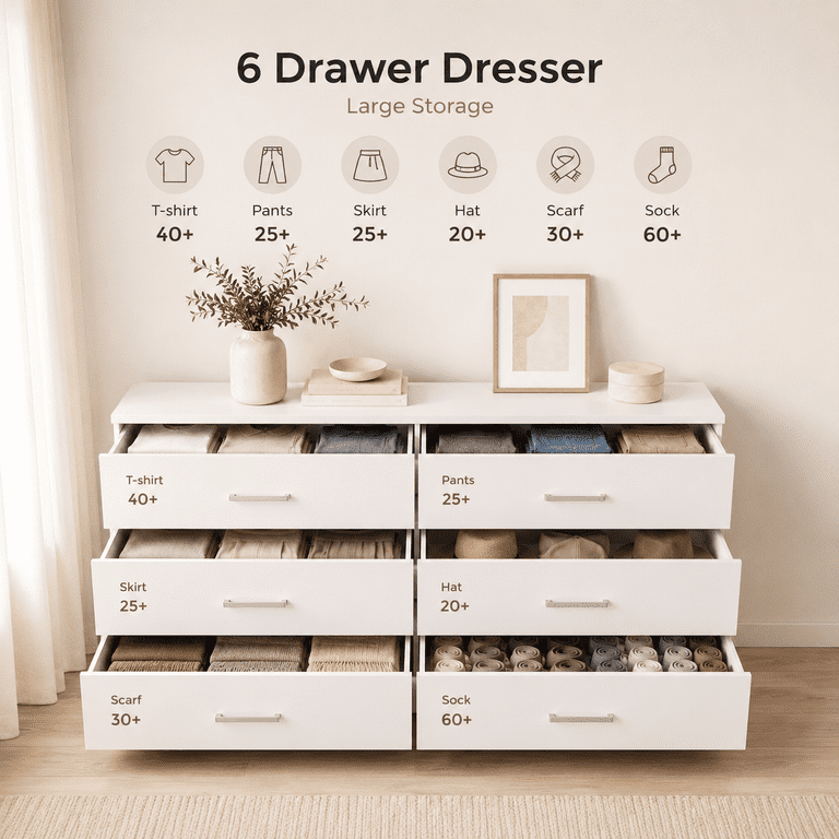 Lacoo 6 Drawer Dresser for Bedroom & Living Room, 47'' Double Dresser with Metal Handle, White