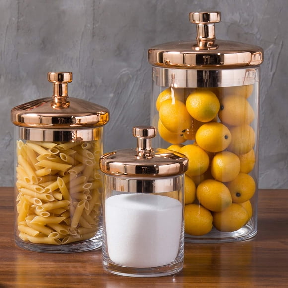 MyGift Glass Apothecary Cookie Jar Set with Copper Lid - Decorative Kitchen and Bath Storage Canisters, Wedding Centerpiece Jars, Candy Buffet with L