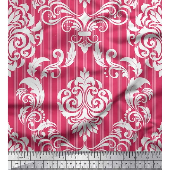 Soimoi Pink Moss Georgette Fabric Stripe & Vector Design Damask Print Sewing Fabric Yard 42 Inch Wide