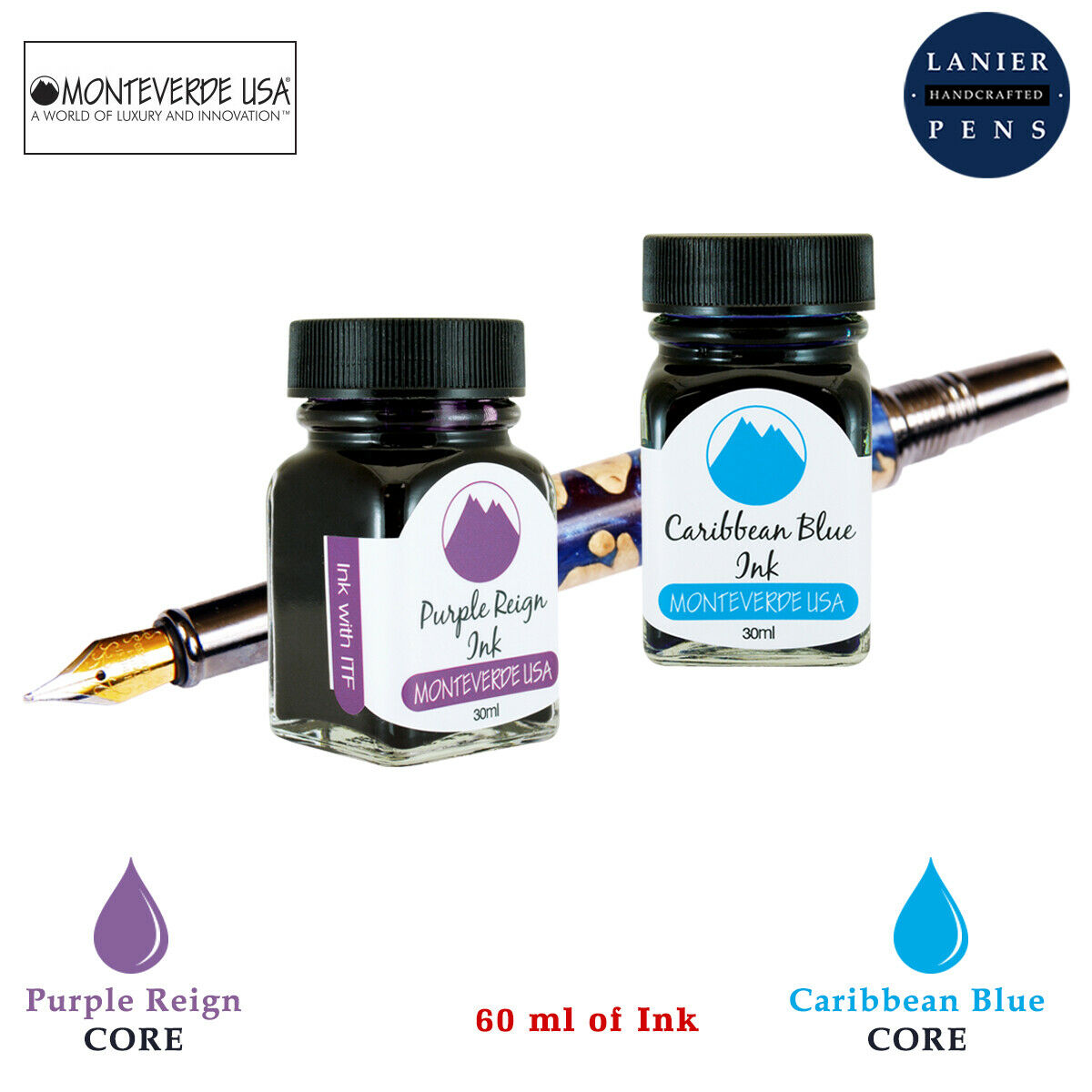 Monteverde 60ml Core Fountain Pen Ink Bottle (30ml Purple Reign Ink Bottle G309PR, 30ml Caribbean Blue Ink Bottle G309CU)