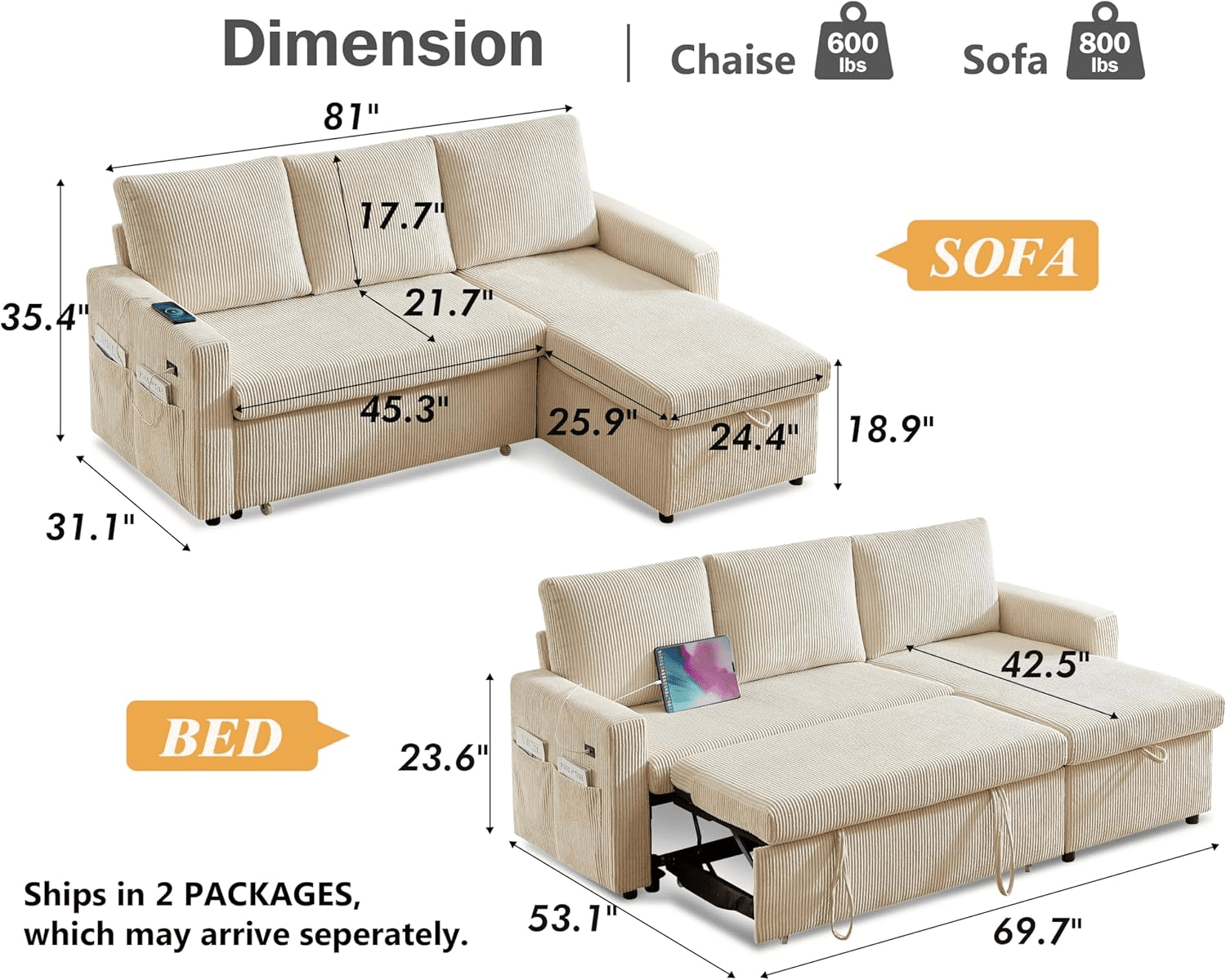 81"L-Shape Convertible Sleeper Sectional Sofa with Storage Chaise and Pull-Out Bed,Reversible Corner 3 Person Couch, for Living Room, Apartment,USB Ports