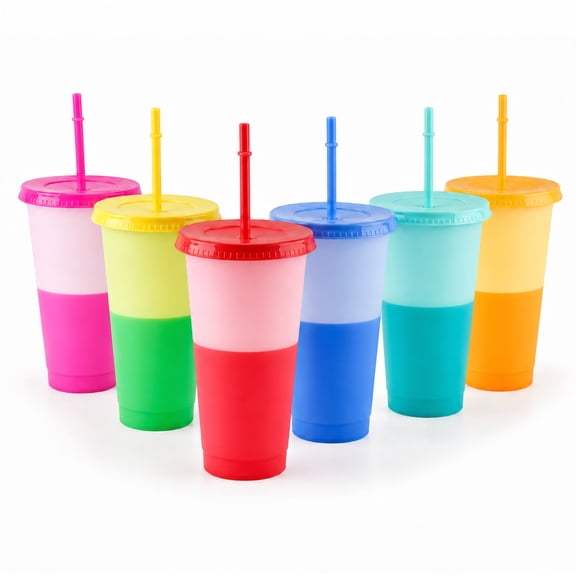 punada Reusable Cups with Lids and Straws, 6 Pack 24oz Color Changing Plastic Tumblers Set, Reusable Iced Coffee Travel Mugs, Drinking Cups for Party, Travel & Daily Use