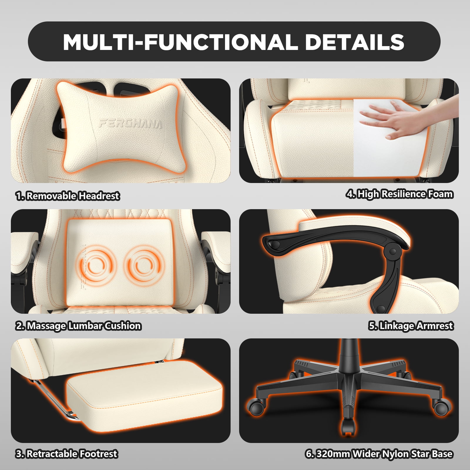 SOONTRANS Gaming Chair with Footrest, Computer Game Chair with Massage Lumbar Support & Headrest, High Back Vintage Office Game Chair for Adults, Beige