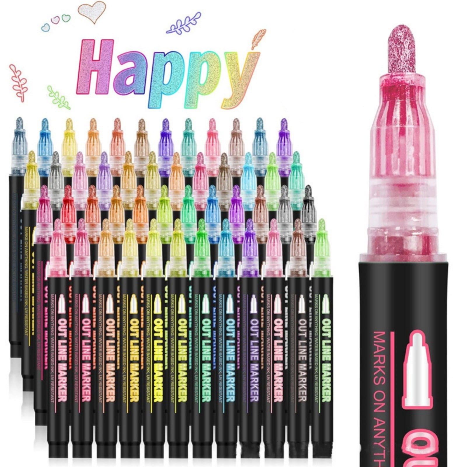 Bxaolu Dreamy Sparkle Dual-Line Contour Pen, Quick-Drying Double Line Outline Art Pen, 60 Colors Self-Outline Metallic Marker Drawing Pens for Drawing, Coloring, DIY Crafts