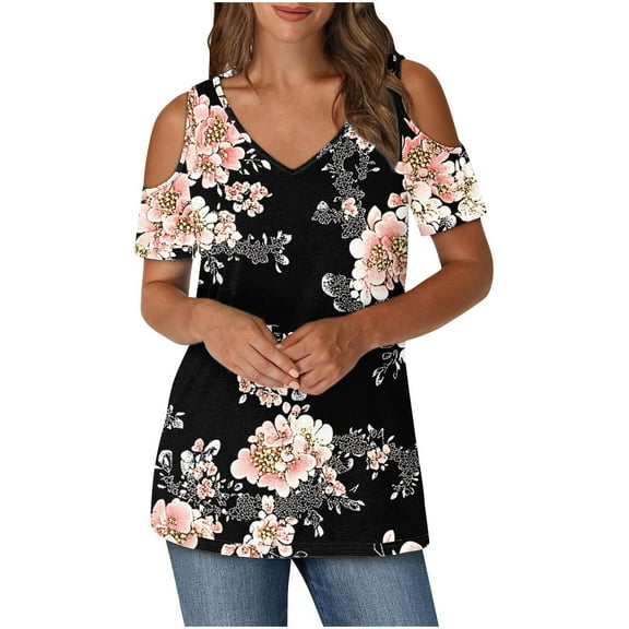 Quinlirra Womens Blouses Under $5 Womens Short Sleeve Printed V Neck Casual Blouse