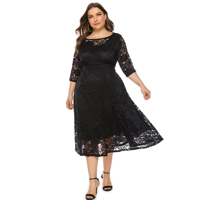 Vestido de noche de talla grande para mujer, falda de largo medio con mangas 2/3 y encaje floral vintage, vestido con bolsillos de encaje ahuecados (negro), XL