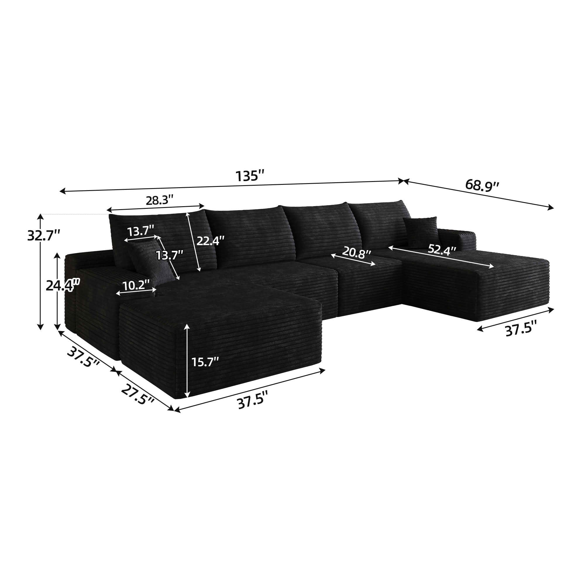 MAYEERTY 135-Inch Black Plush Corduroy 5-Seat U-Shaped Cloud Modular Sectional Sofa, Deep Seat Corner Couch with Ottoman No Assembly Required