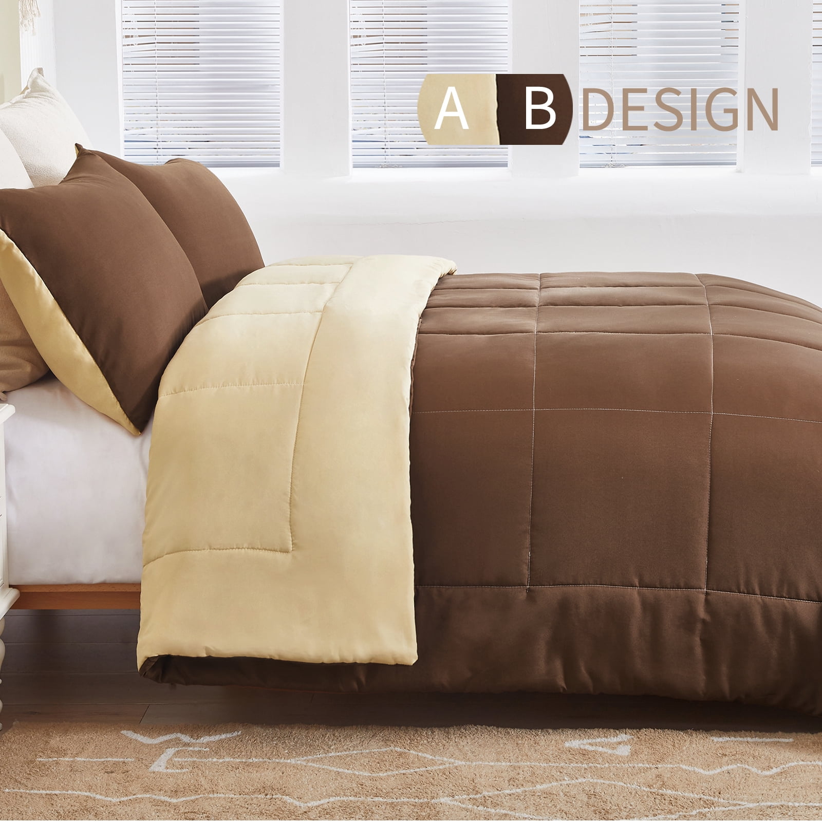 Exclusivo Mezcla Lightweight Reversible 3-Piece Comforter Set All Seasons, Down Alternative Comforter with 2 Pillow Shams, King Size, Brown/ Khaki