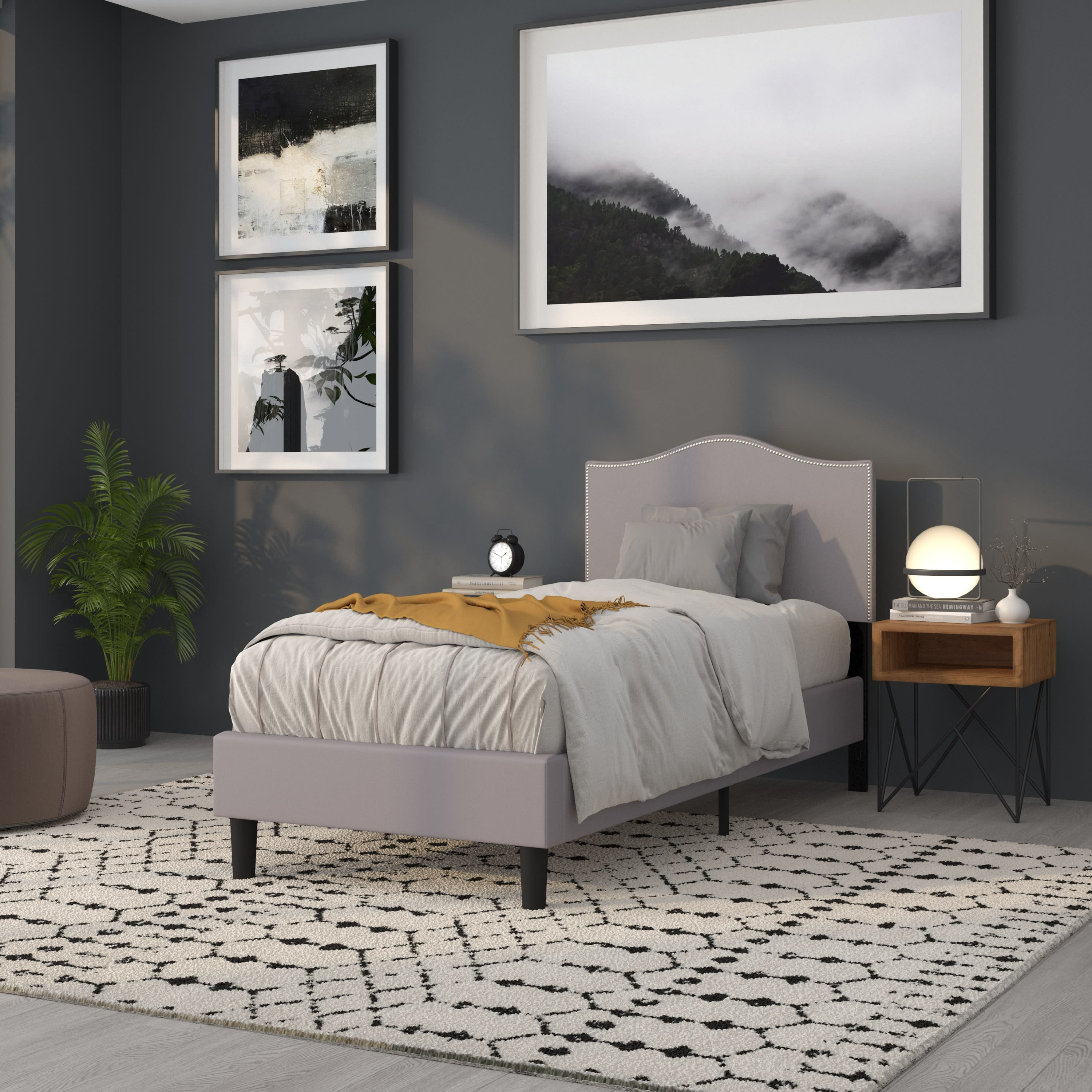 Flash Furniture Lexington Upholstered Twin Size Headboard with Accent Nail Trim in Light Gray Fabric