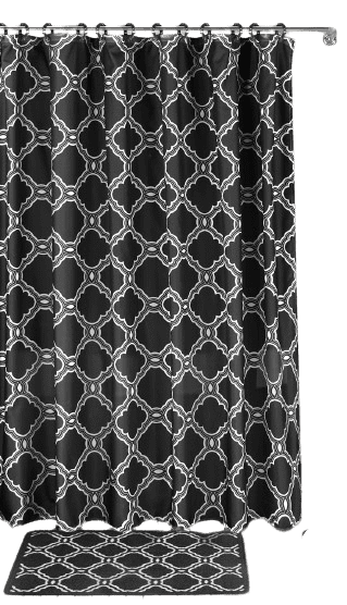 15-Piece Bathroom Set: 2-Rugs/Mats Non Slip, 1 Fabric Shower Curtain, With 12-Fabric Covered Rings, Different Styles and Colors For Home Bath Dcor Ryan Black
