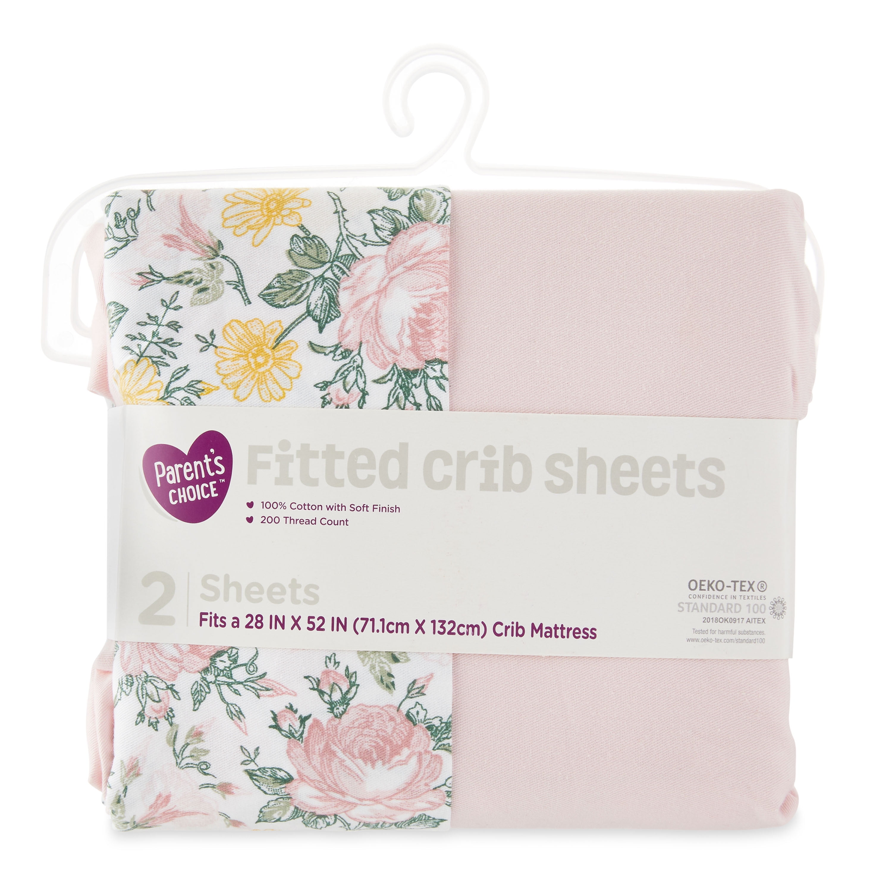 (2 pack) Parent's Choice 100% Cotton Fitted Crib Sheets For Baby Girls, Pink Floral, 2 Pack, Crib Bed