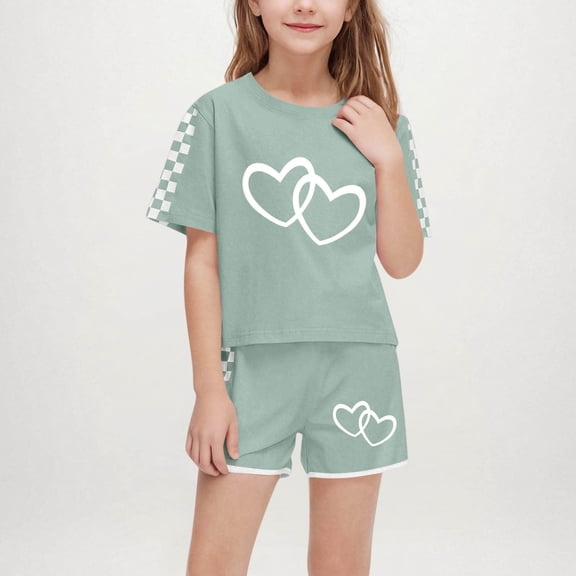Juslio 2-Piece Kids Comfortable Girls Crew Neck Hearts Print T Shirts Tops Elastic Waist Shorts Breathable Outfits Sets 5 Years