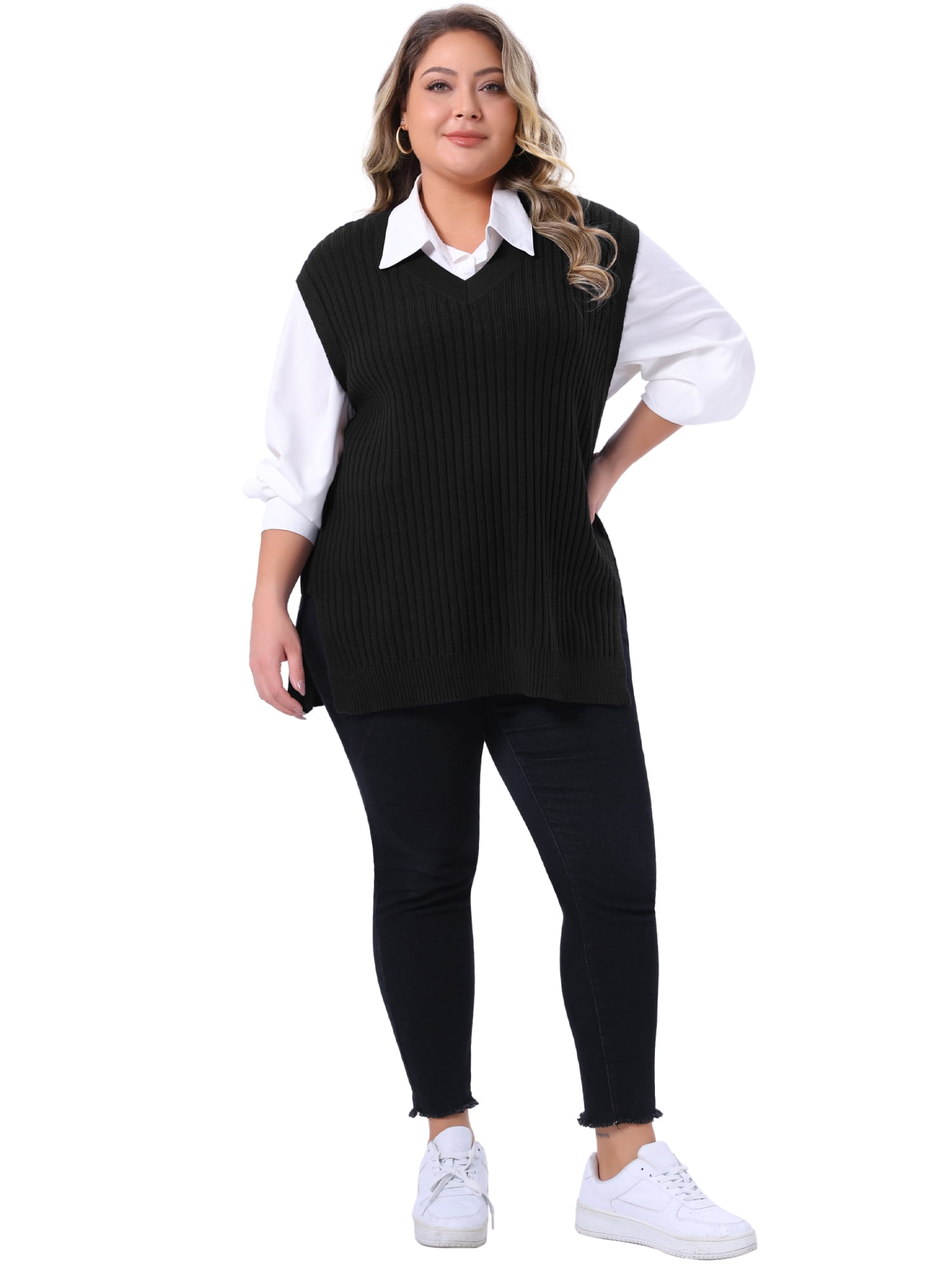 DARING DIVA Women's Plus V Neck Knit Split Hem Sweater Vest 3X Black