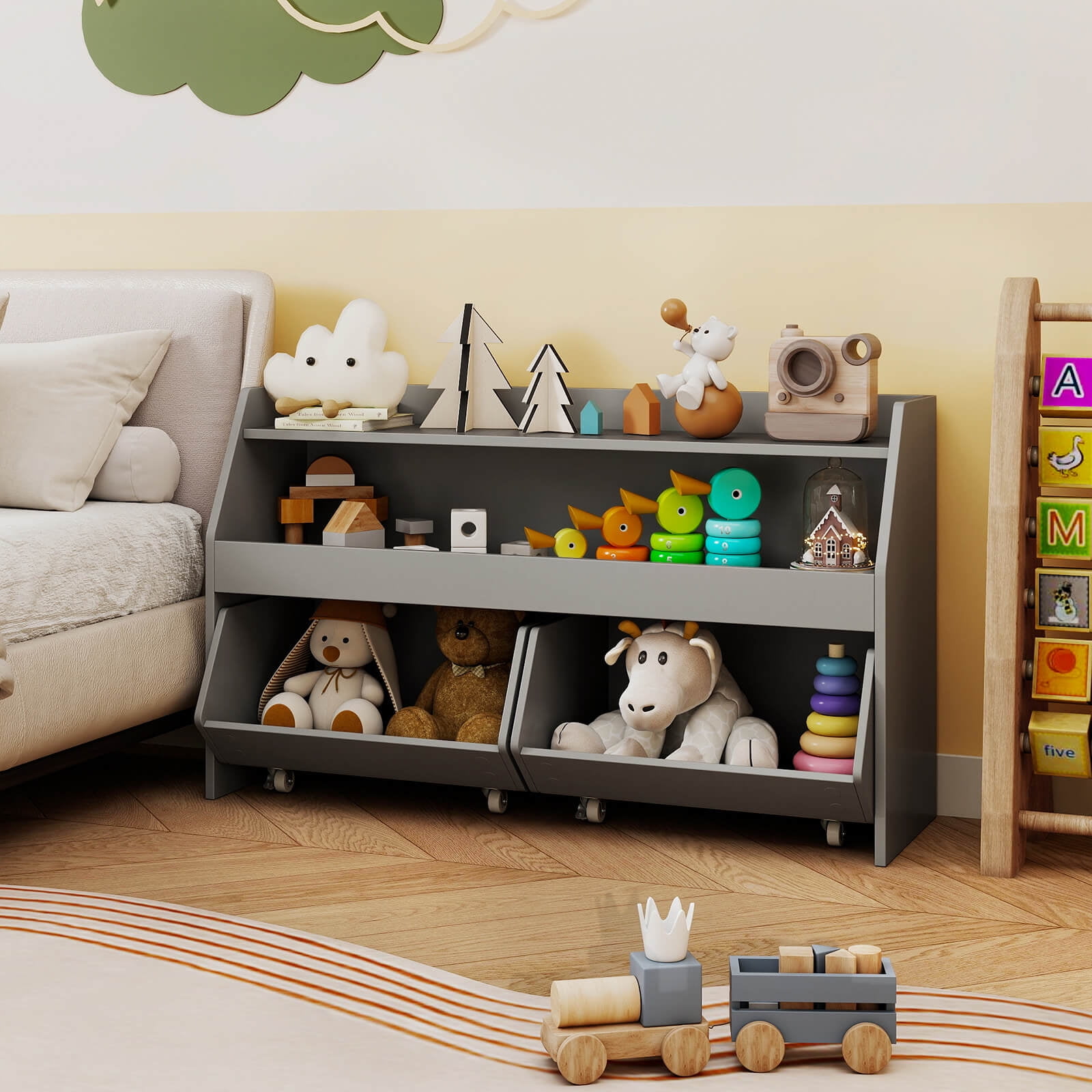 Costway Kids Toy Storage Organizer with 2 Movable Drawers Open Shelf Compartment for Kids Gray