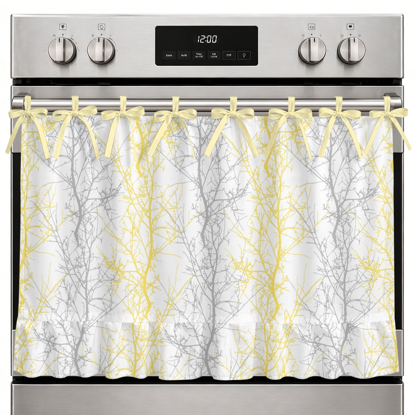 Oven Skirt Curtain for Kitchen Decor 21.5x30 Inch Yellow Gray Tie Top Oven Curtain with Ruffle Trim Stove Cover Skirt for Dishwasher Cabinet Over Sink Pastoral Botanical Branch Aesthetics