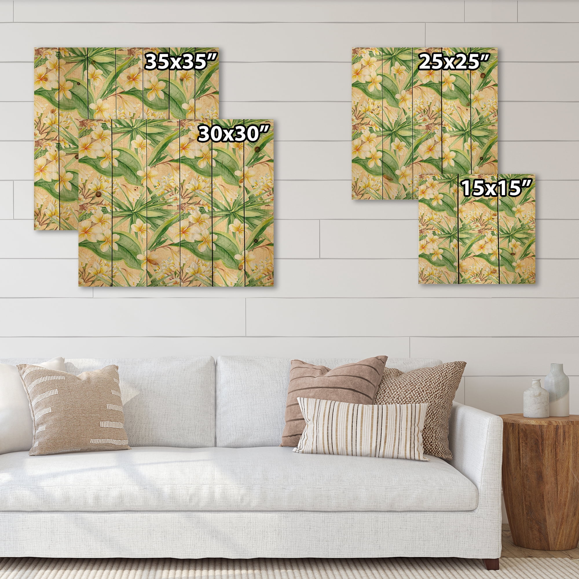 Designart 'Yellow Flowers and Tropical Foliage XIII' Modern Print on Natural Pine Wood