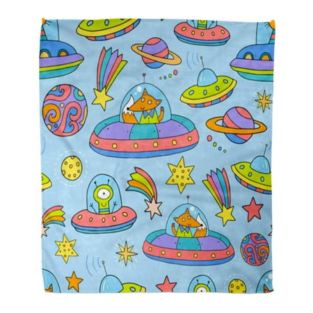 ASHLEIGH Throw Blanket 58x80 Inches Spaceships Planets Stars Cute Cat and Fox are in Space Lovely and for Fabrics Warm Flannel Soft Blanket for Couch Sofa