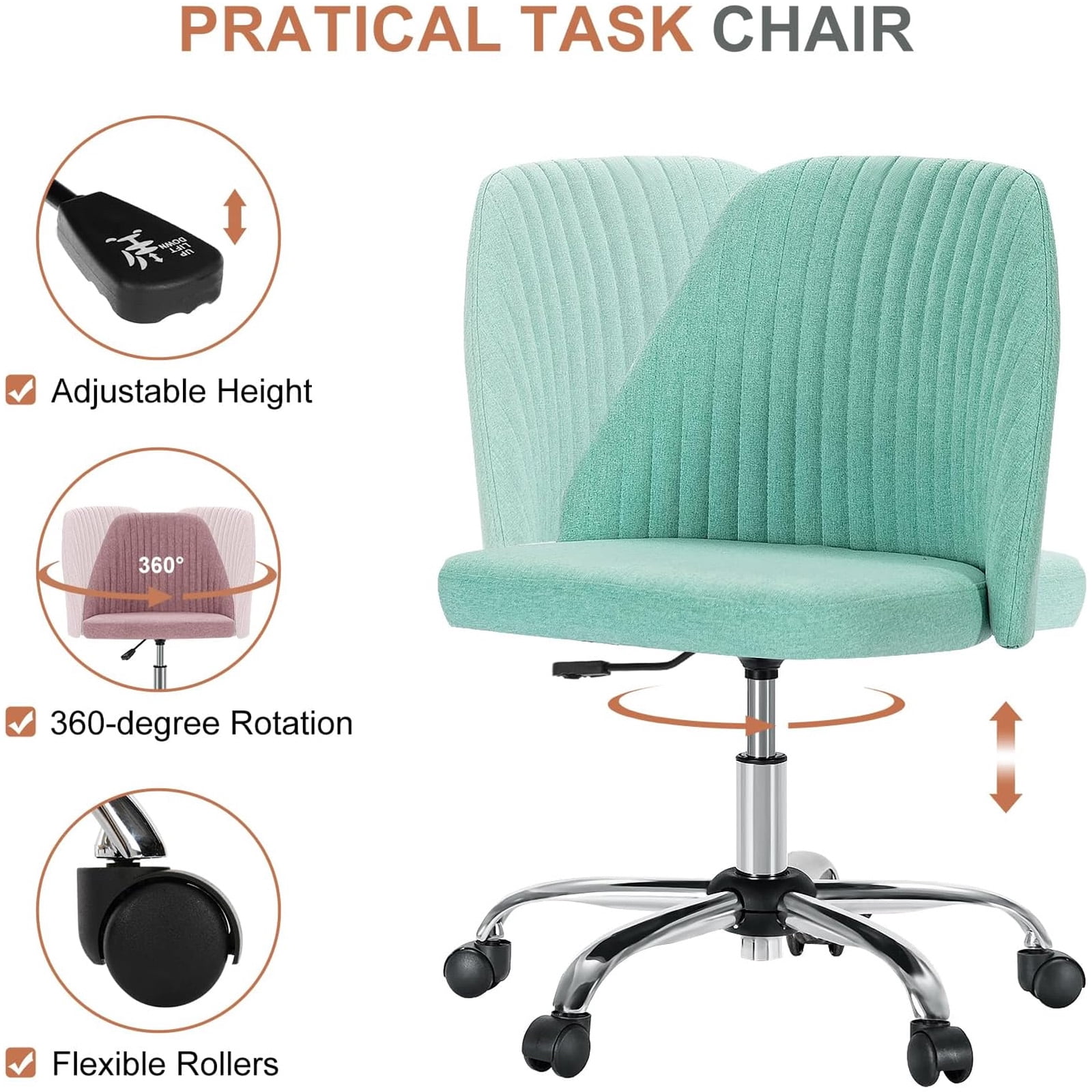 Casabay Armless Office Chair, Extra Cushion Padded Compact Upholstered Desk Chair with Back Support, Rolling Swivel Vanity Chair for Home Office, Green