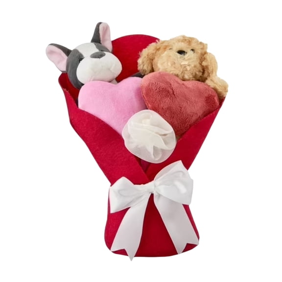Plush Animal Bouquet 11.8 inch, Cute Stuffed Bear Dog Cow Arrangement with Red Hearts, Soft Fabric Valentine's Gift, Birthday Holiday Present for Her Him