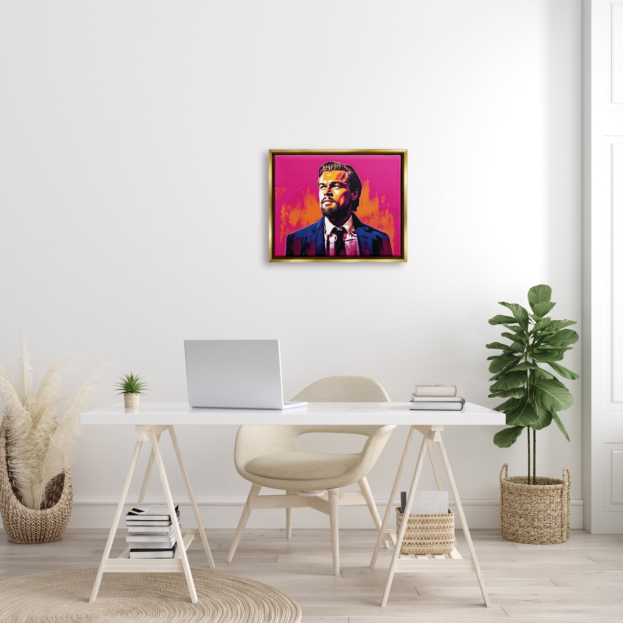 Stupell Industries Leonardo DiCaprio on Pink Abstract Painting Gold Floater Framed Art Print Wall Art, 21 x 17