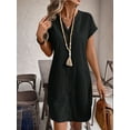 thumbnail image 2 of Women Linen Dress Spring Summer Casual Cap Sleeve V Neck Midi Button Down Shirt Dresses Black L, 2 of 4
