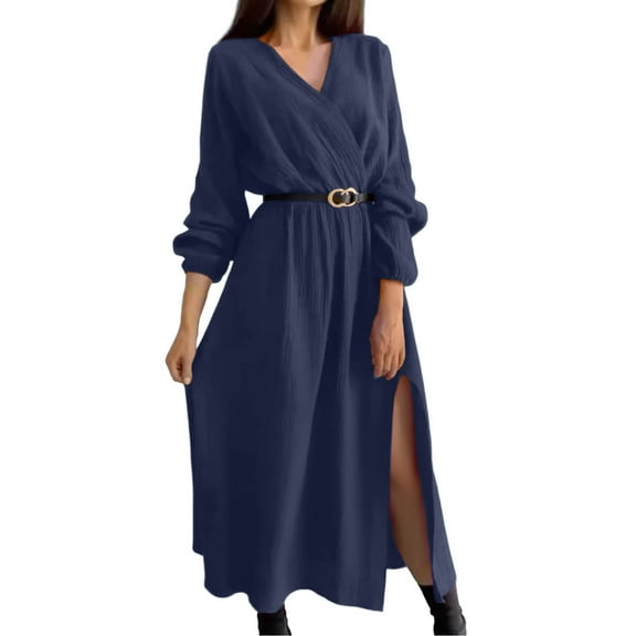 Kukoosong Women's Casual Peasant Maxi Dress Long Sleeve V-Neck Solid Color with Waist Cinched Belt Elegant Formal Long Dresses