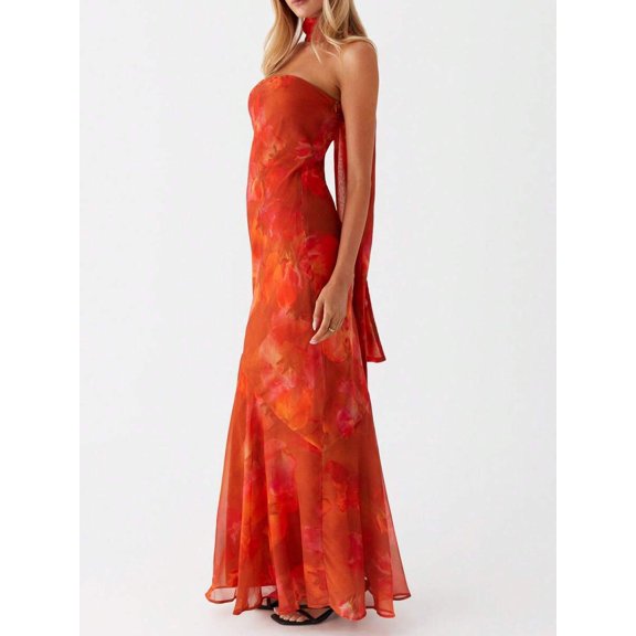 Burgundy Floral Strapless High-Neck Maxi Dress With Flowy Scarf Detail