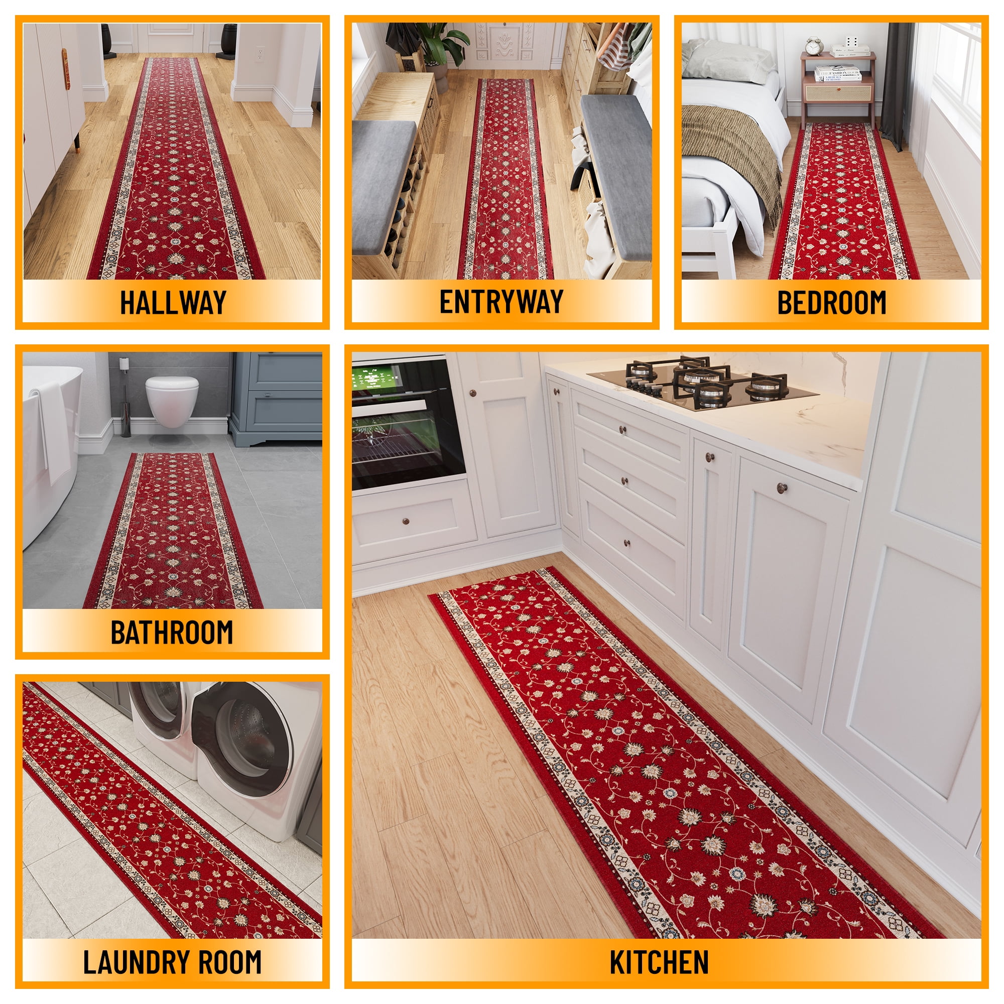 Ottomanson Aisle Runner Rug 1'10.5" x 25' Soft Non-Slip Indoor Rug, Mahal Red