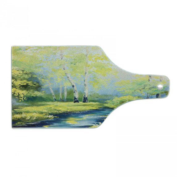 Country Cutting Board, Pastoral Paint of a Forest in the Spring Time with Fresh Colored Leaves Trees Art, Tempered Glass Cutting and Serving Board, Wine Bottle Shape, Green Blue, by Ambesonne