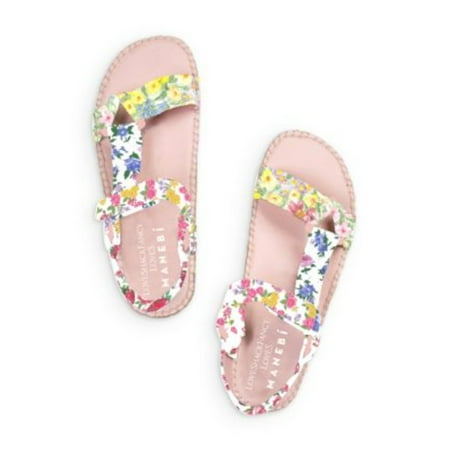 

MANEBI Womens White Floral Padded Adjustable Love Shack Fancy Open Toe Wedge Leather Espadrille Shoes 38