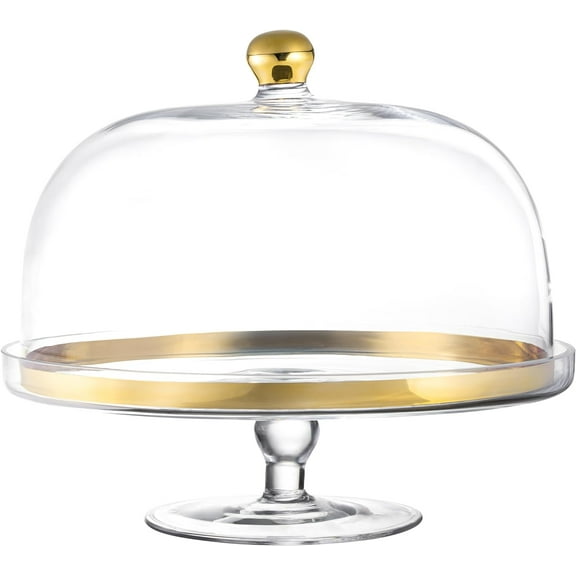 Barski Glass - Cake Stand - and - Dome - with - Gold Rim - and - Gold Knob - for - Cake - Fruit - Cheese - 11.75" Diameter - Made in Europe