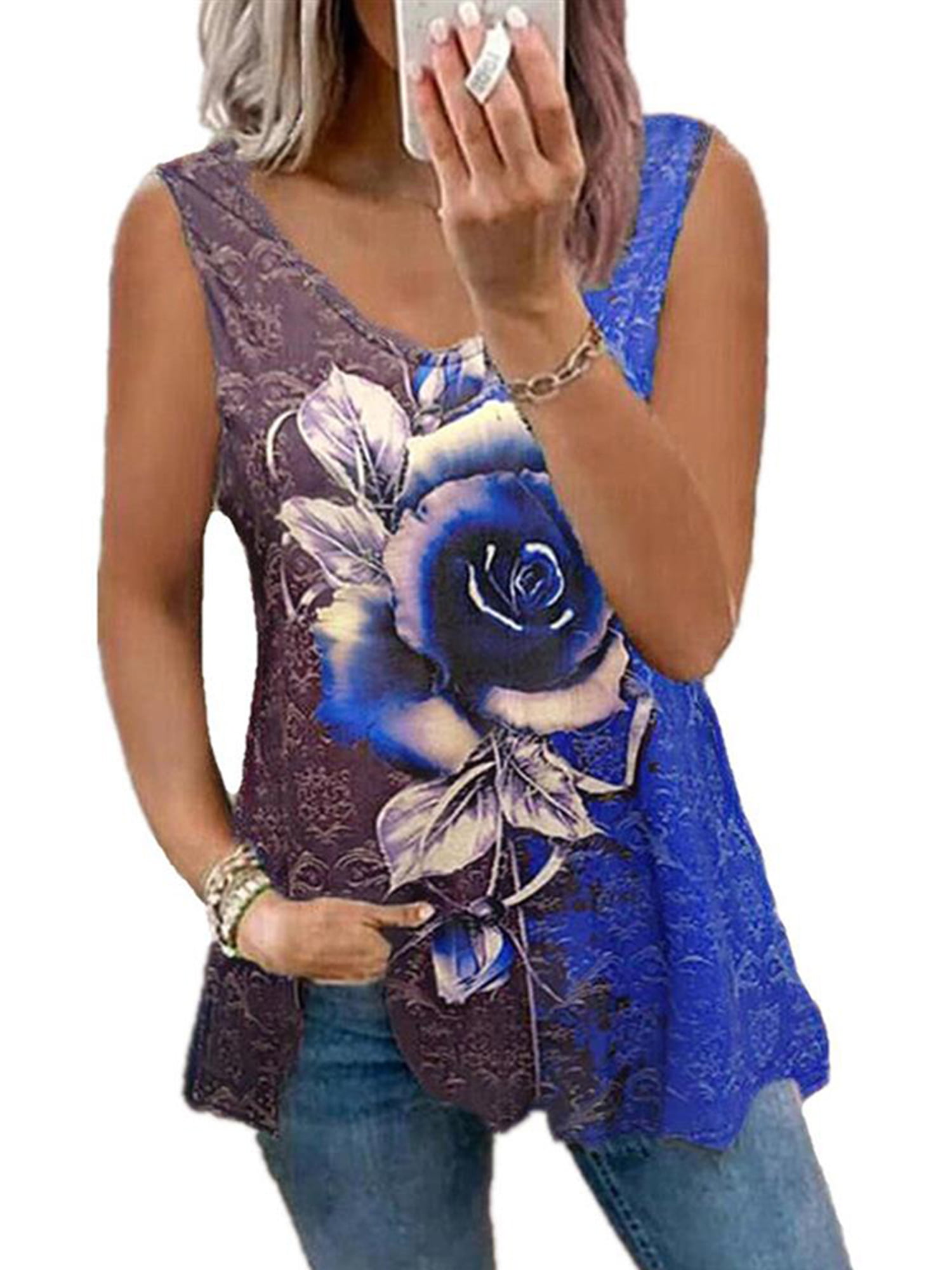 US Stock PLUS SIZE Women Summer Floral Print Sleeveless Vest Tops Blouse T-Shirt