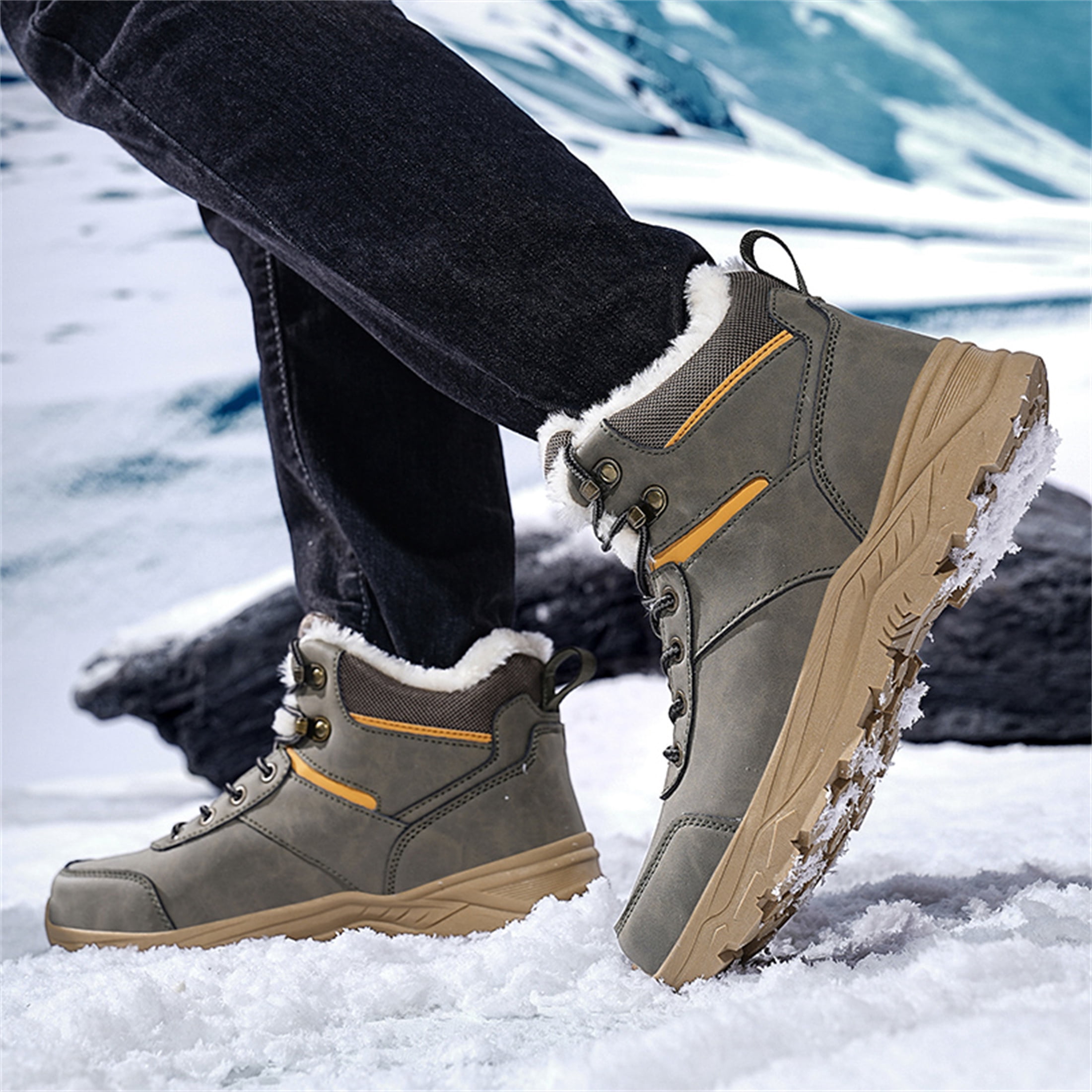 YOURDIARY Men's Ankle High Waterproof Hiking Boots Outdoor Snow Boots Trekking Trails Shoes Faux Fur Lining