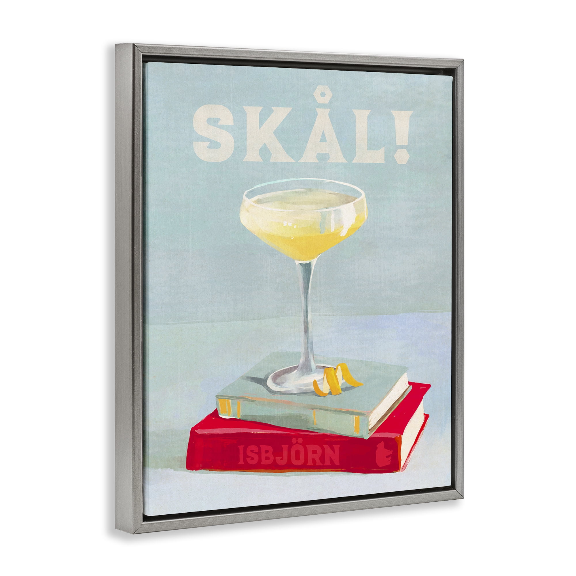 Stupell Industries Skal Cocktail & Bookstack Food & Beverage Painting Gray Floater Framed Canvas Art Print Wall Art, 25 x 31