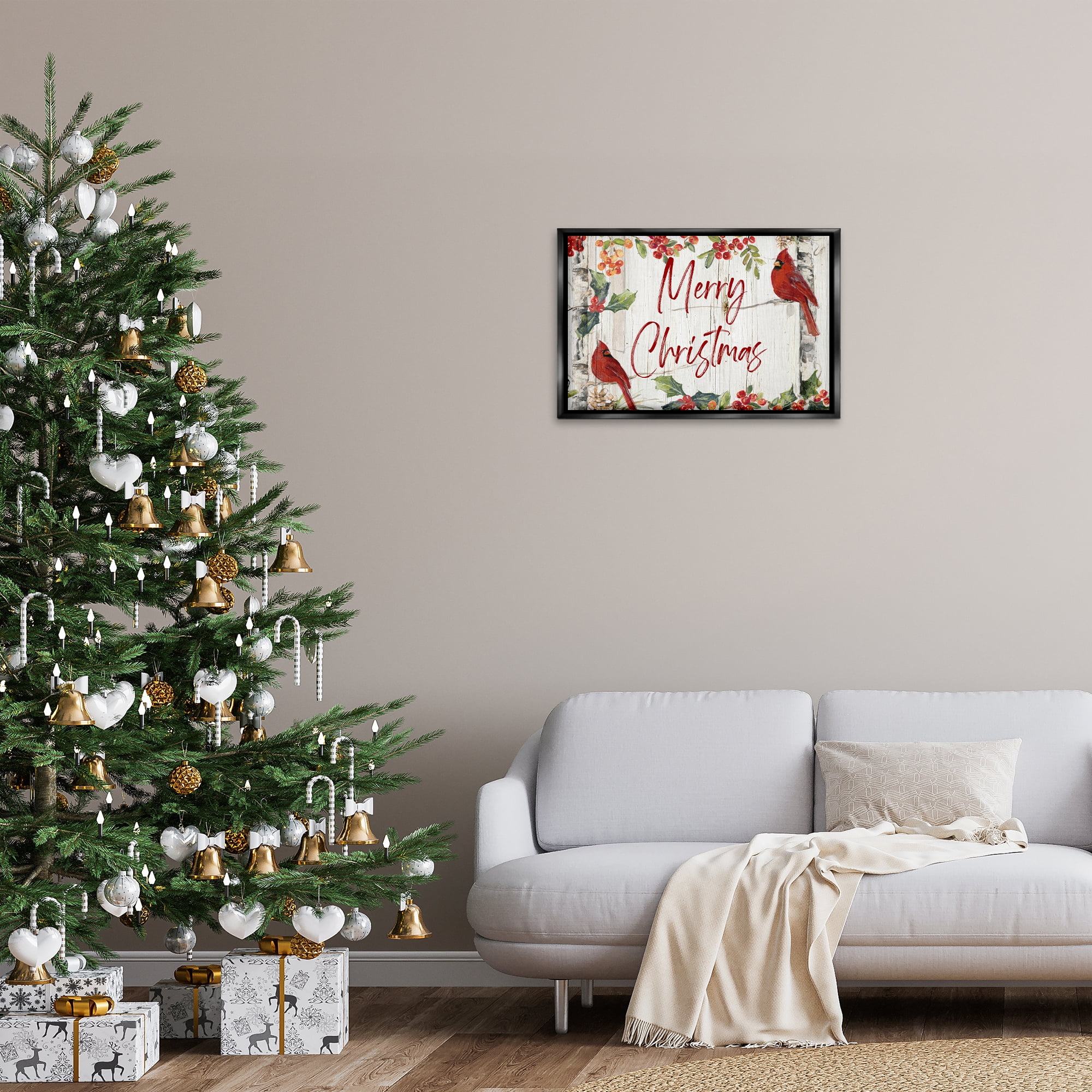 Stupell Industries Christmas & Cardinal Birds Holiday Painting Black Floater Framed Canvas Art Prints Wall Art, 25 x 17