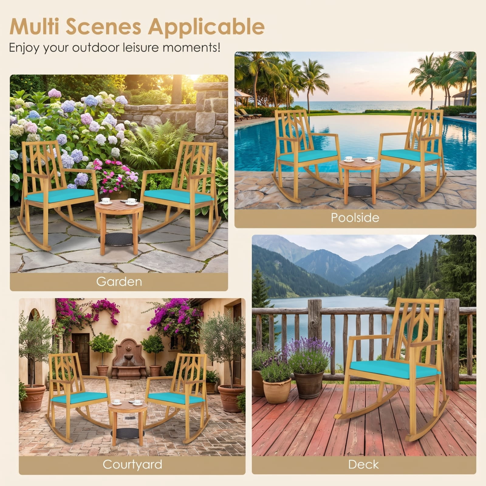 Furnibear Turquoise Outdoor Rocking Chair Acacia Wood for Porch Deck Balcony Holds 350 lbs Weather-Resistant Outdoor Furniture