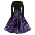 thumbnail image 2 of Women's Halloween Dress Bat Candy Crew Neck 1950s Hepburn Cute Dresses Long Sleeve Cocktail Fall Vintage Dress with Belt 5XL, 2 of 6