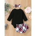 thumbnail image 3 of Qiylii Baby Girls Clothes Set, Long Sleeve Letter Romper+Plaid Shorts+Headdress, 3 of 7