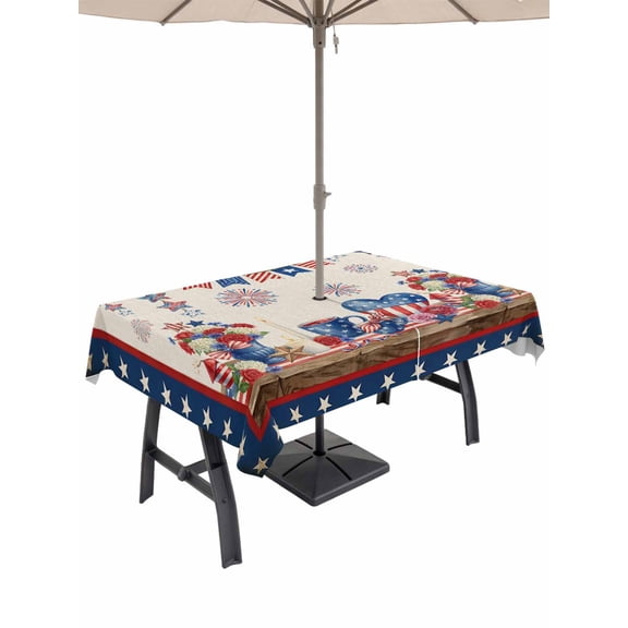Outdoor Tablecloth with Umbrella Hole for Patio/Picnic/Party/Camping, Independence Day Waterproof Table Cloth Rectangle Table Cover Washable, American Flag Star Floral Beige Rustic (52"x 70")