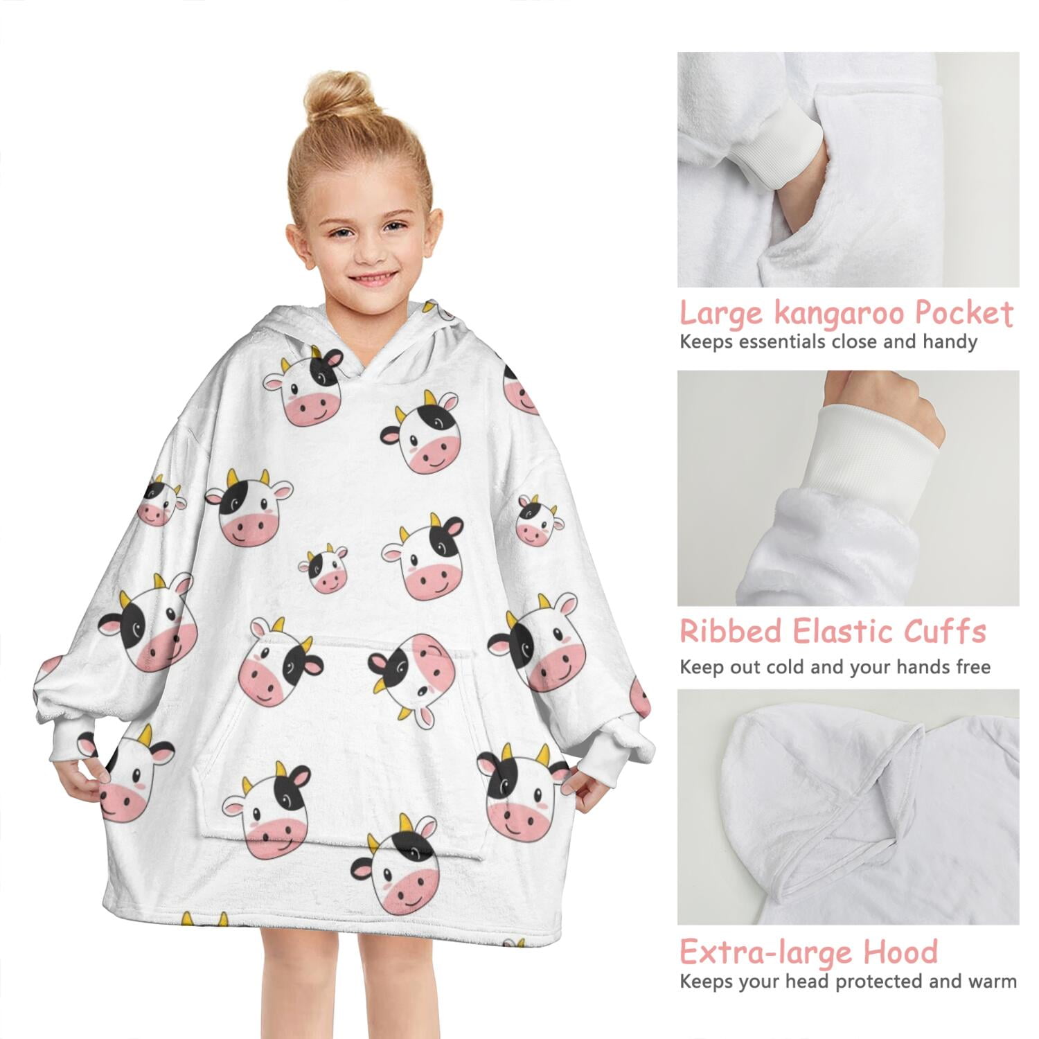 White Cow Head Pattern Blanket Hoodies for Kids 6-13YR Oversize Wearable Blanket Hoodies for Boys Girls Teens