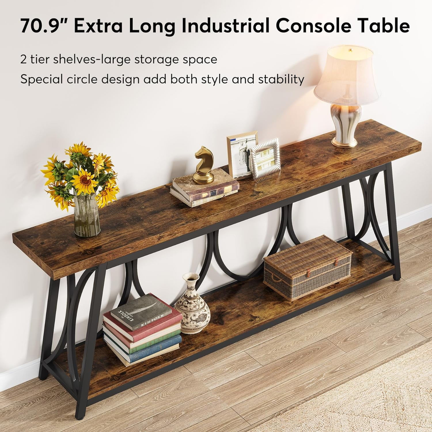 Tribesigns 70.9" Extra Long Console Table, Industrial Wood Narrow Sofa Table for Entryway, Brown