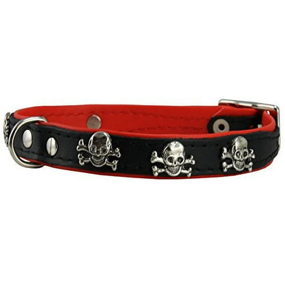 Real Leather Skull Studded Padded Dog Collar (10.5"-12" Neck; 5/8" Wide, Black/Red)