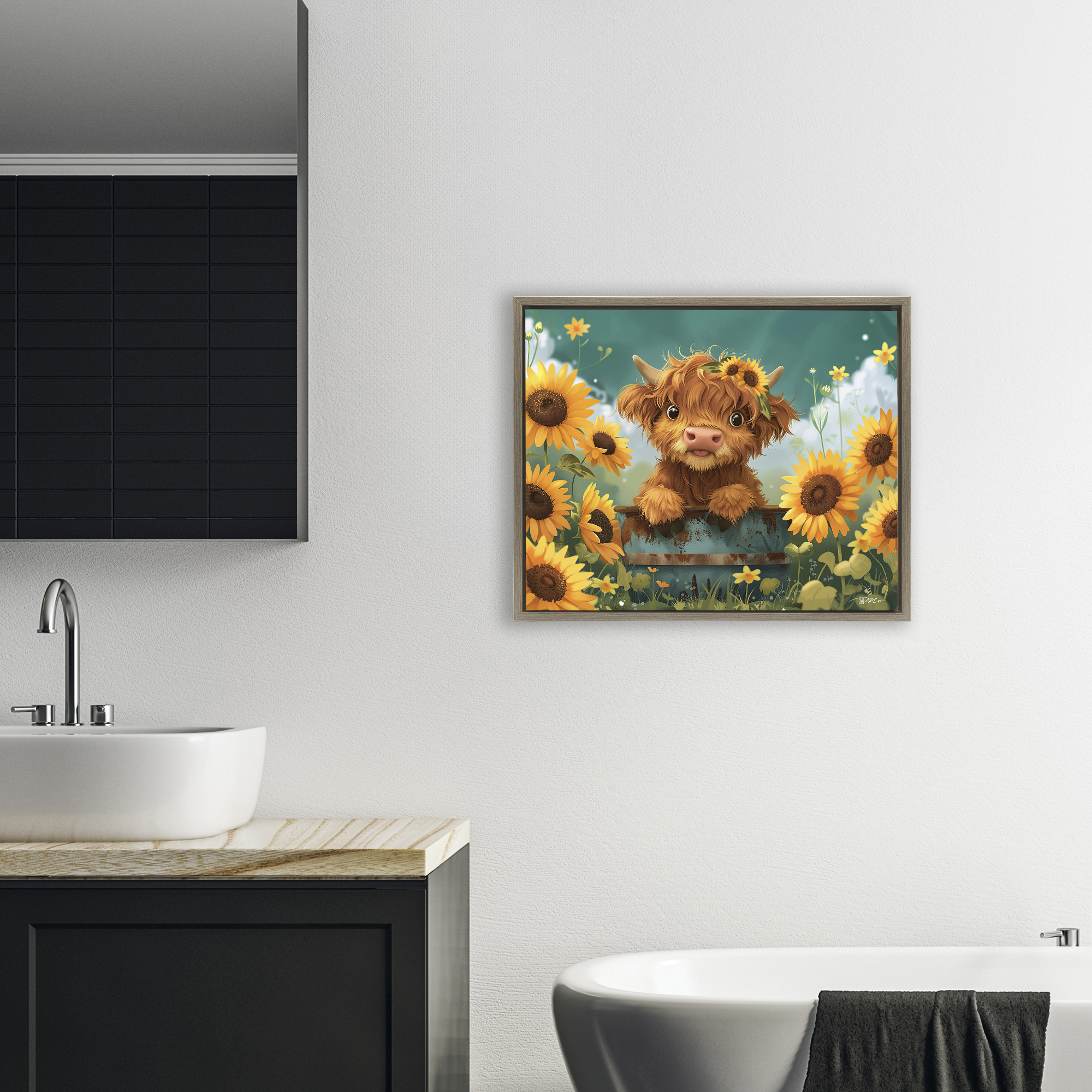 Cute Happy Highland Cow Brown Framed Floater Canvas Wall Art, design by Momart