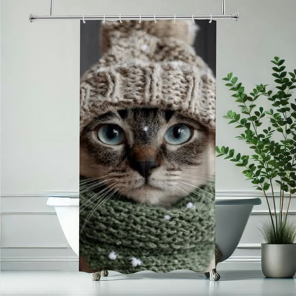 RKSupls Funny Cat Hat Scarf Shower Curtain, Valentine's Day Waterproof Shower Curtain with Hooks for Home Bathtub Bathroom  Decor Washable Curtains,90x180cm