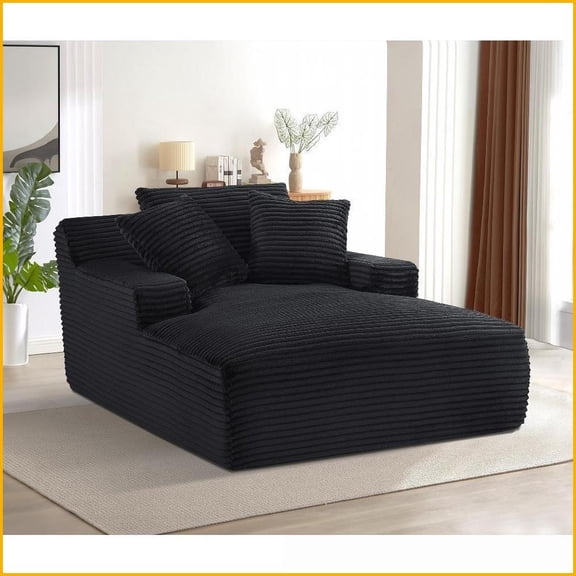 Cloudline Oversized Modern Chaise Lounge Chair | Soft Corduroy | Cushion Back | Square Arms | No Assembly | Black for Living Room & Bedroom