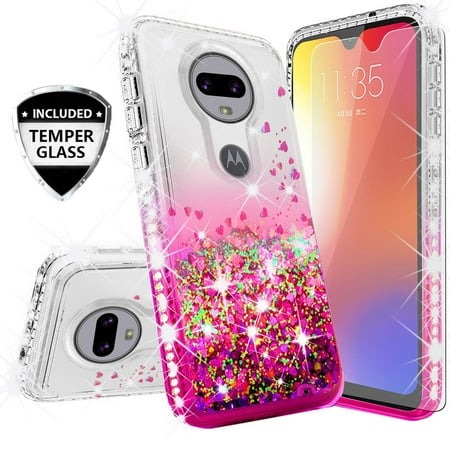 Compatible for Motorola Moto G7 Case, with [Temper Glass Screen Protector] SOGA Diamond Glitter Liquid Quicksand Cover Cute Girl Women Phone Case - Clear / Pink