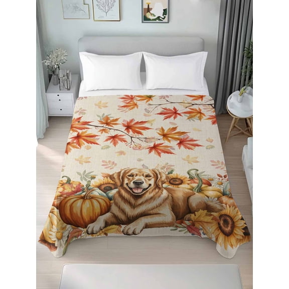 Twin Flat Sheet Only Rustic Fall Pumpkin Maple Leaf Soft Microfiber Cooling Bedding Sheets Farmhouse Dog on Retro Linen Flat Bed Sheet for Hotel,Home Decor