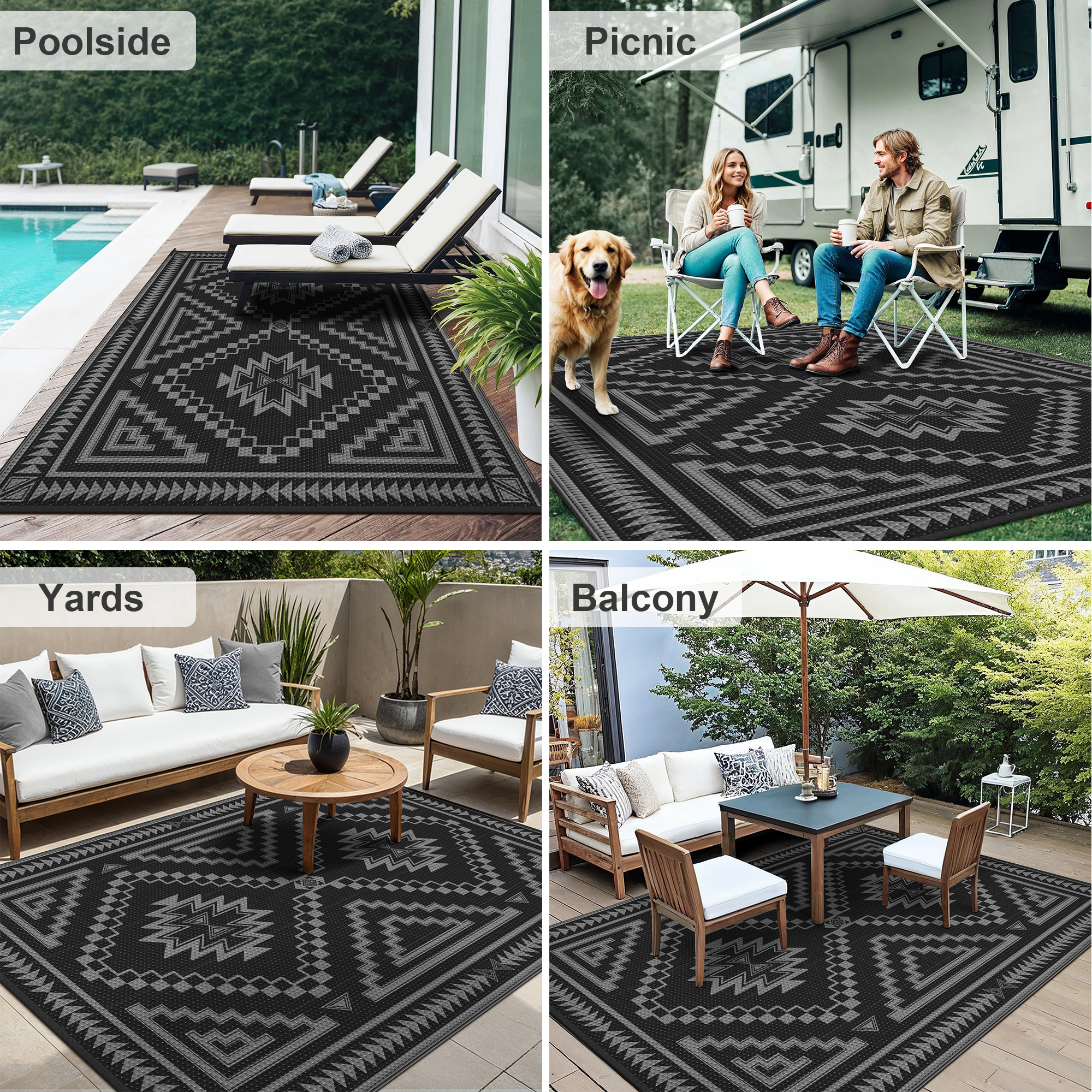 KUETH 5' x 8' Outdoor Rug Waterproof for Patio Carpet Plastic Reversible Straw Outdoor Rug for Camping Picnic Geometric Mat ,Black & Gray